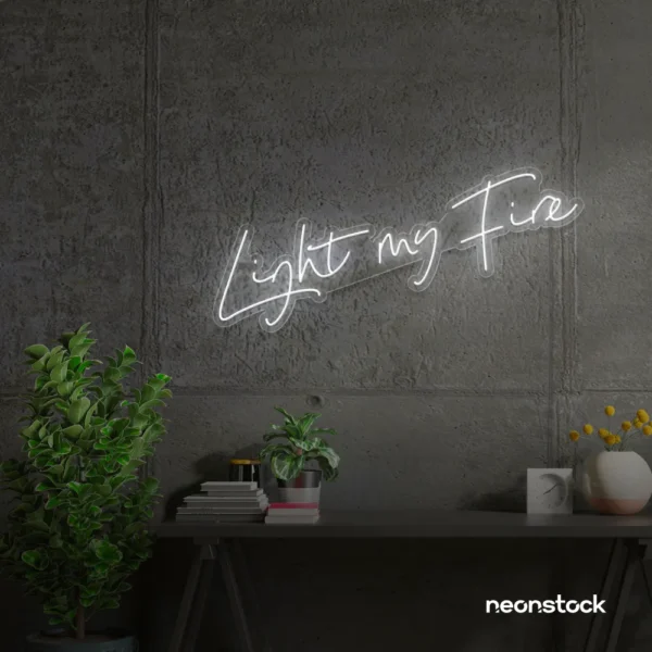 Light My Fire neon sign in white for romantic decor, couple bedrooms, and Valentine’s ambiance.