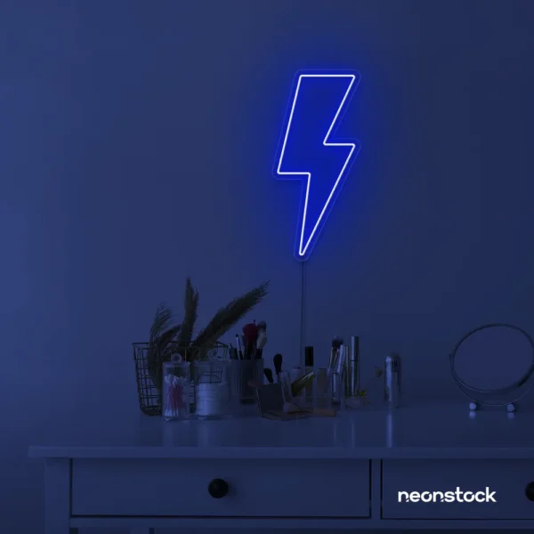 Lightning bolt neon sign in dark blue for modern wall decor