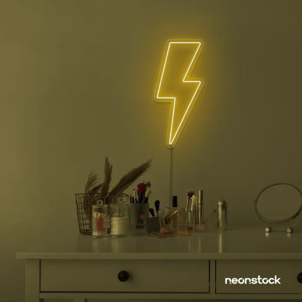 Lightning bolt neon sign in golden yellow for modern wall decor