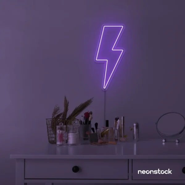 Lightning bolt neon sign in purple for modern wall decor