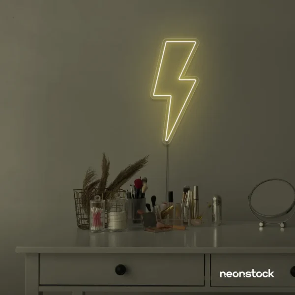 Lightning bolt neon sign in warm white for modern wall decor