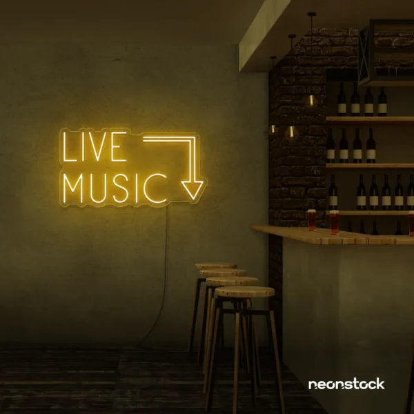 Live Music neon sign in Golden Yellow for restaurants, bars, or music venues.