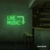 Live Music neon sign in Green for restaurants, bars, or music venues.