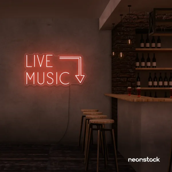 Live Music neon sign in Peachy Pink for restaurants, bars, or music venues.