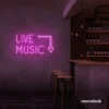 Live Music neon sign in Pink for restaurants, bars, or music venues.