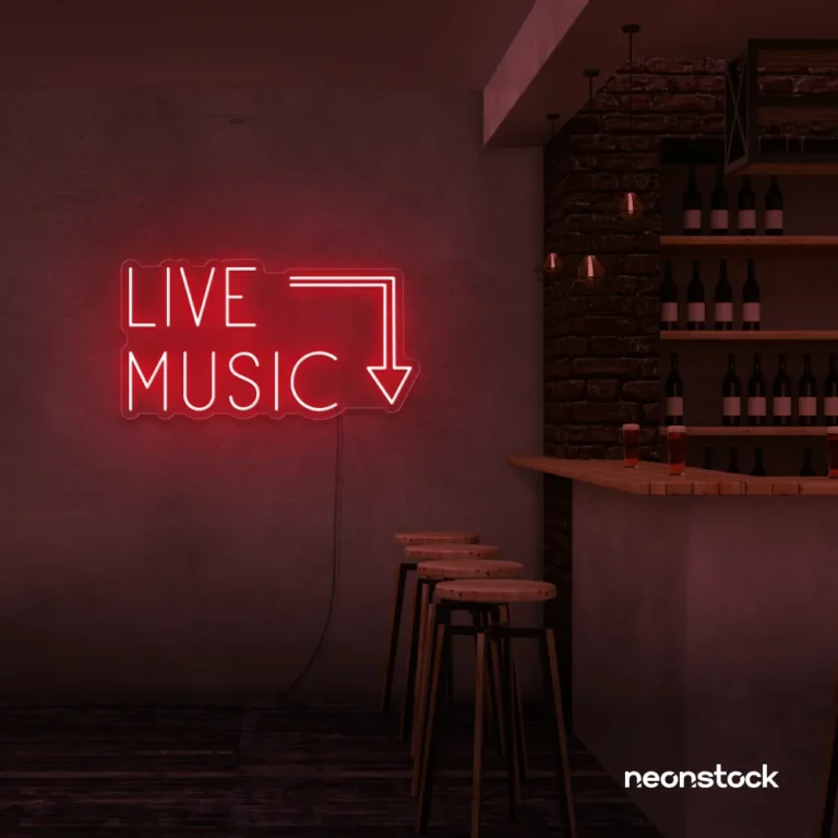 Live Music neon sign in Red for restaurants, bars, or music venues.