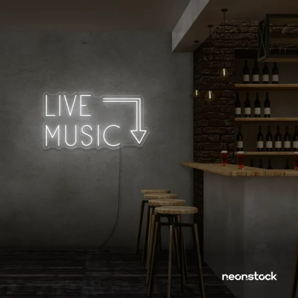 Live Music neon sign in White for restaurants, bars, or music venues.