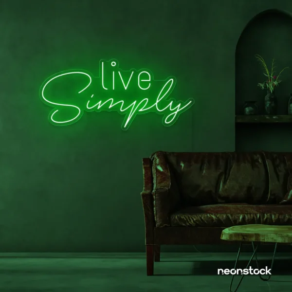 Live Simply neon sign in deep green for minimalist decor, peaceful homes, and calming interiors.