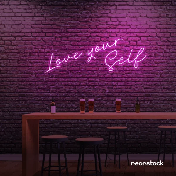 Love Yourself neon sign in pink for self-love decor, beauty rooms, and empowering spaces.