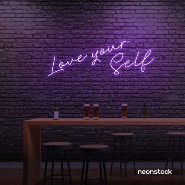 Love Yourself neon sign in purple for self-love decor, beauty rooms, and empowering spaces.