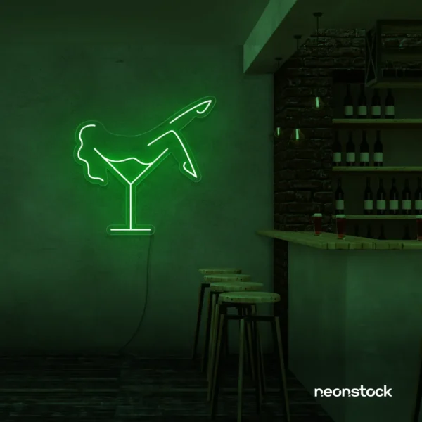 Martini girl neon sign in deep green for earthy and bold ambiance.