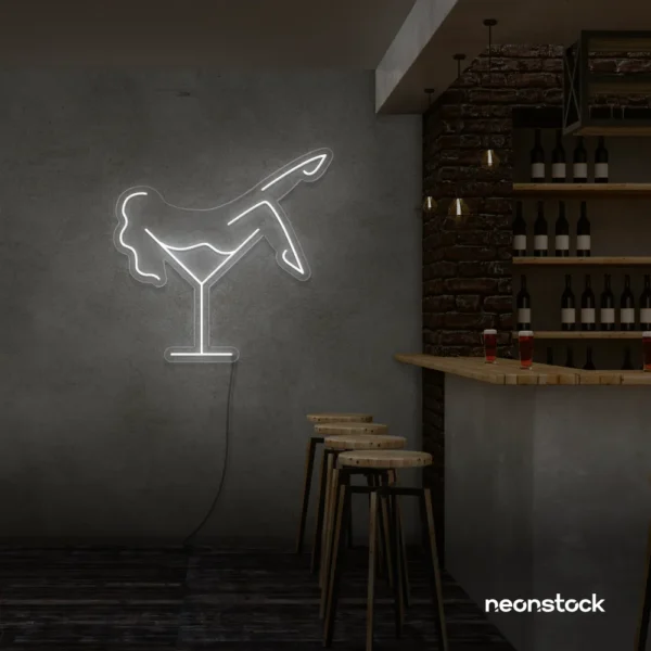 Martini girl neon sign in bright white for clean, modern bar decor.