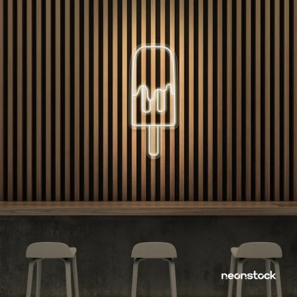 Melting Popsicle neon sign in neutral white for ice cream parlors, dessert bars, and boba tea shops.