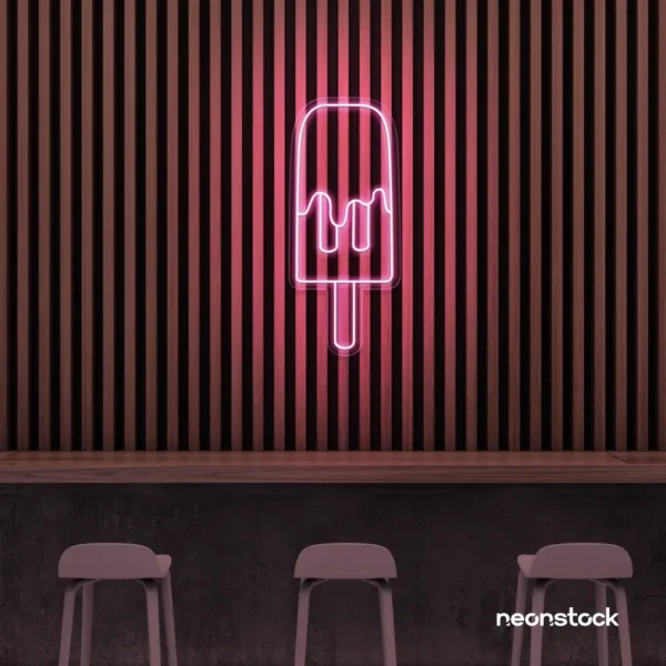 Melting Popsicle neon sign in baby- pink for ice cream parlors, dessert bars, and boba tea shops.