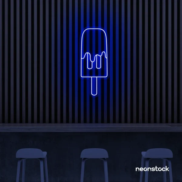Melting Popsicle neon sign in dark blue for ice cream parlors, dessert bars, and boba tea shops.