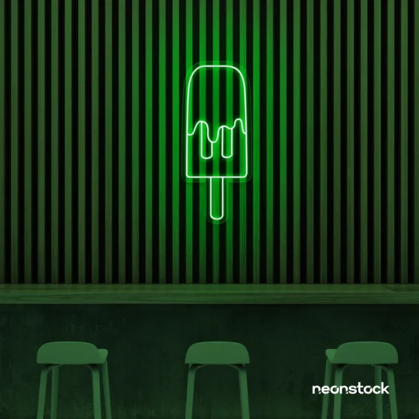 Melting Popsicle neon sign in deep green for ice cream parlors, dessert bars, and boba tea shops.