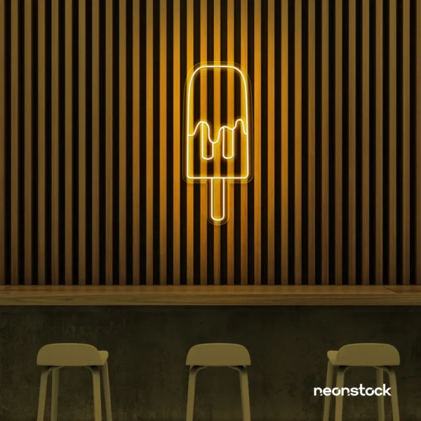 Melting Popsicle neon sign in golden yellow for ice cream parlors, dessert bars, and boba tea shops.
