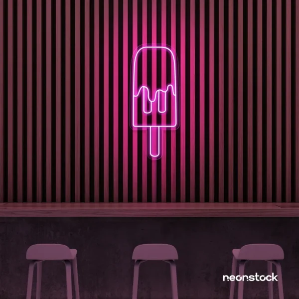 Melting Popsicle neon sign in pink for ice cream parlors, dessert bars, and boba tea shops.