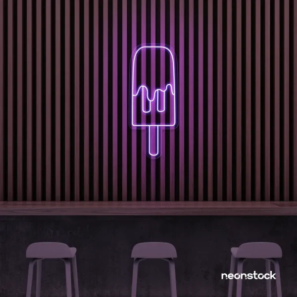 Melting Popsicle neon sign in purple for ice cream parlors, dessert bars, and boba tea shops.