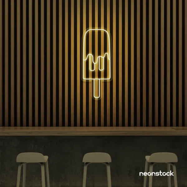 Melting Popsicle neon sign in warm white for ice cream parlors, dessert bars, and boba tea shops.