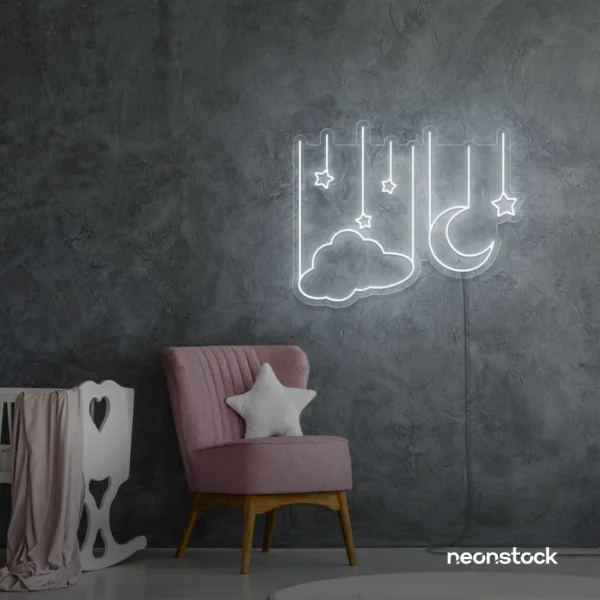 Cloud moon and stars neon sign in white for kids' bedrooms, nursery ceilings, and dreamy decor.