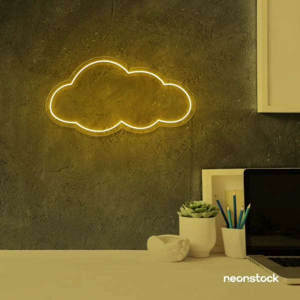 Cloud neon sign in golden yellow for nursery walls, kids' rooms, and dreamy home decor.