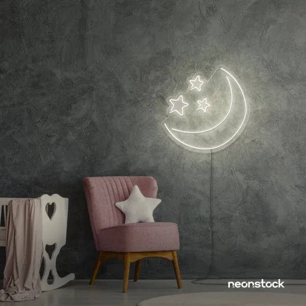 Moon and star neon sign in neutral white for nurseries, kids' rooms, and dreamy night light decor.