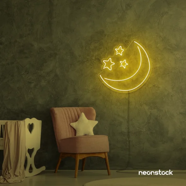 Moon and star neon sign in golden yellow for nurseries, kids' rooms, and dreamy night light decor.