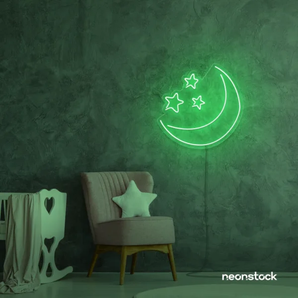 Moon and star neon sign in green for nurseries, kids' rooms, and dreamy night light decor.