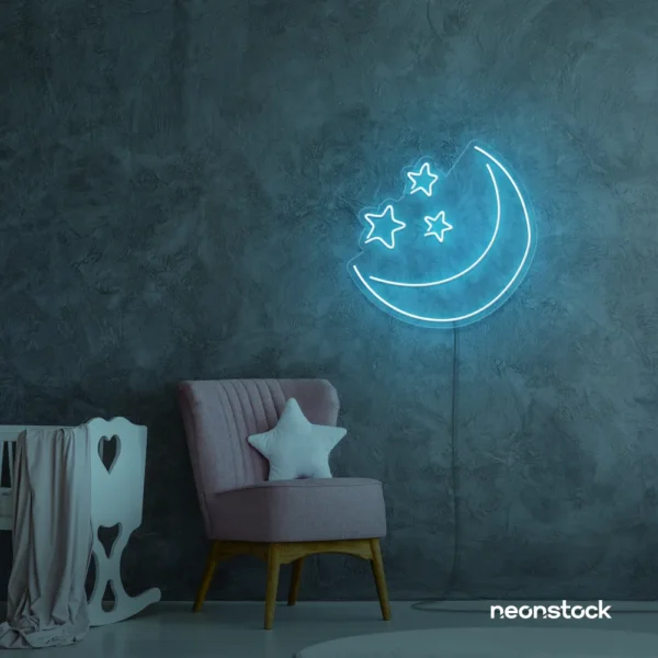 Moon and star neon sign in ice blue for nurseries, kids' rooms, and dreamy night light decor.