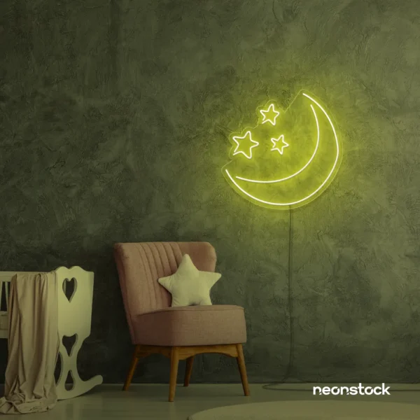 Moon and star neon sign in lemon yellow for nurseries, kids' rooms, and dreamy night light decor.