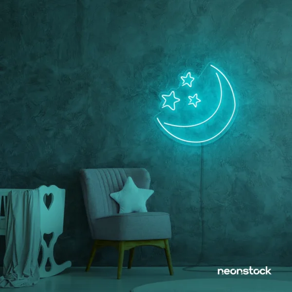 Moon and star neon sign in mint green for nurseries, kids' rooms, and dreamy night light decor.