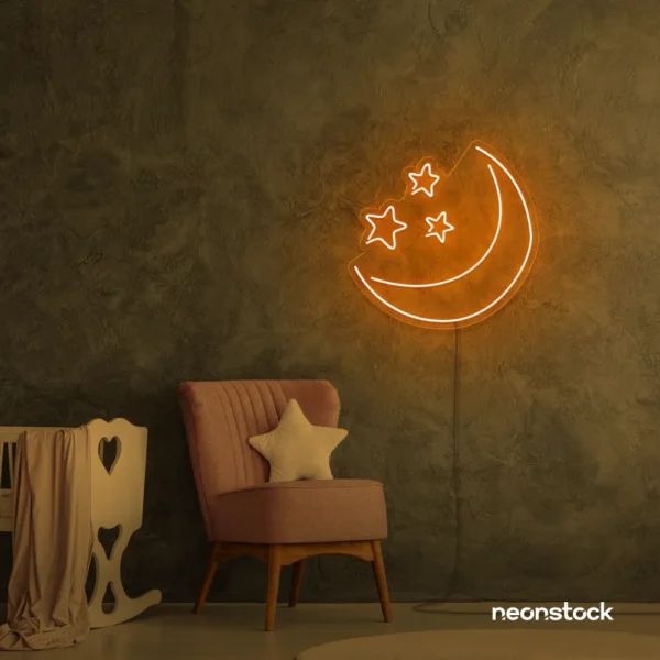 Moon and star neon sign in orange for nurseries, kids' rooms, and dreamy night light decor.