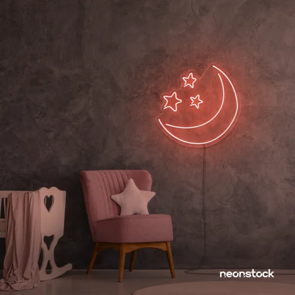 Moon and star neon sign in peachy pink for nurseries, kids' rooms, and dreamy night light decor.