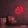 Moon and star neon sign in red for nurseries, kids' rooms, and dreamy night light decor.