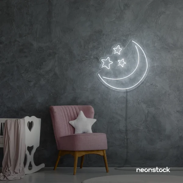 Moon and star neon sign in white for nurseries, kids' rooms, and dreamy night light decor.