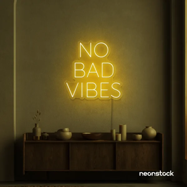 No Bad Vibes neon sign in golden yellow for dorm walls, man caves, and modern mood-boosting decor.
