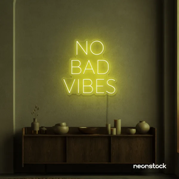 No Bad Vibes neon sign in lemon yellow for dorm walls, man caves, and modern mood-boosting decor.