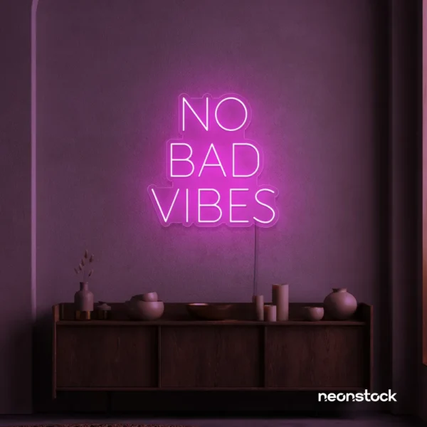 No Bad Vibes neon sign in pink for dorm walls, man caves, and modern mood-boosting decor.