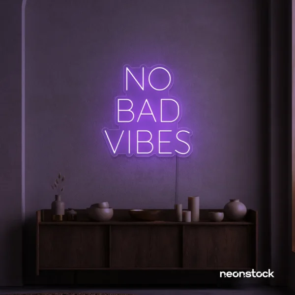 No Bad Vibes neon sign in purple for dorm walls, man caves, and modern mood-boosting decor.
