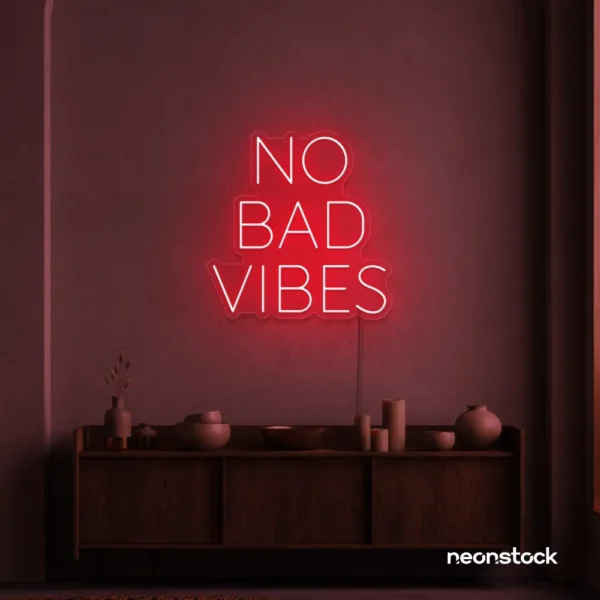 No Bad Vibes neon sign in red for dorm walls, man caves, and modern mood-boosting decor.