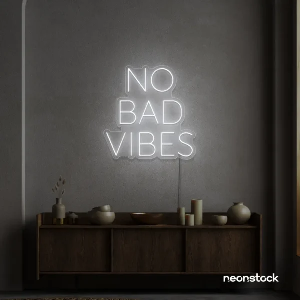 No Bad Vibes neon sign in white for dorm walls, man caves, and modern mood-boosting decor.