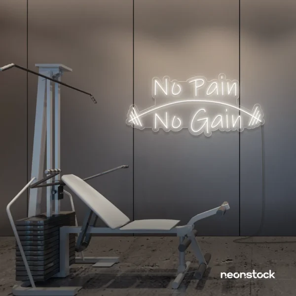 No Pain No Gain neon sign in neutral white for gym walls, fitness studios, and motivational workout decor.