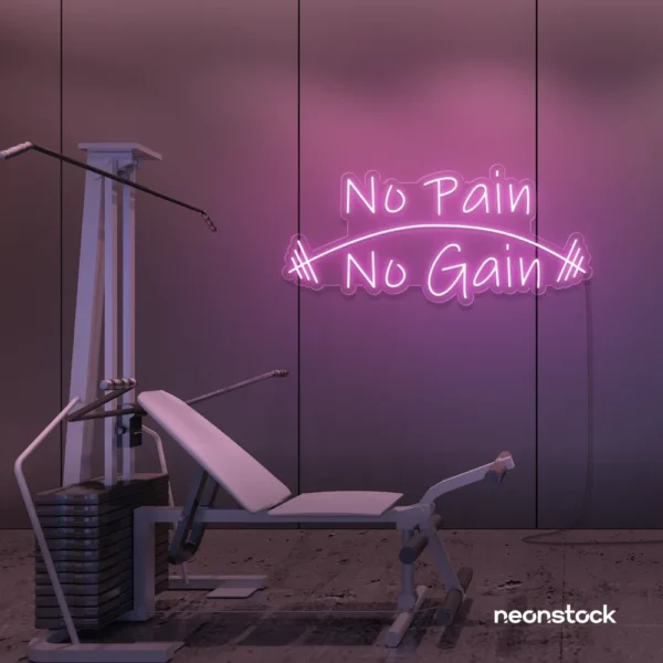 No Pain No Gain neon sign in baby pink for gym walls, fitness studios, and motivational workout decor.