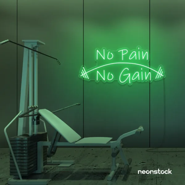 No Pain No Gain neon sign in green for gym walls, fitness studios, and motivational workout decor.