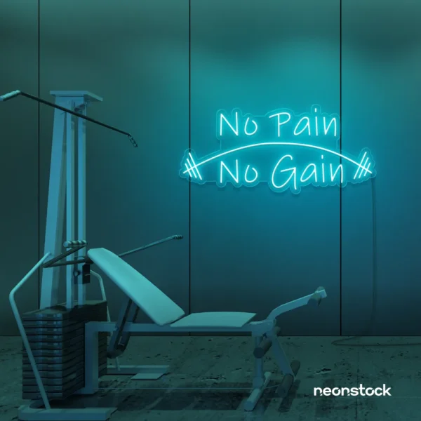 No Pain No Gain neon sign in mint green for gym walls, fitness studios, and motivational workout decor.