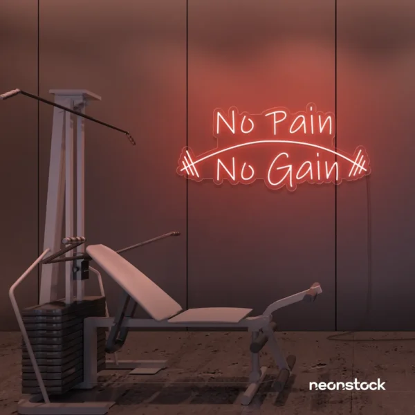 No Pain No Gain neon sign in peachy pink for gym walls, fitness studios, and motivational workout decor.