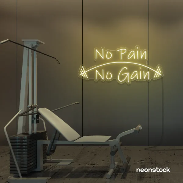 No Pain No Gain neon sign in warm white for gym walls, fitness studios, and motivational workout decor.