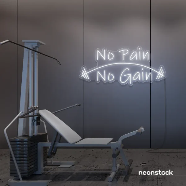 No Pain No Gain neon sign in white for gym walls, fitness studios, and motivational workout decor.