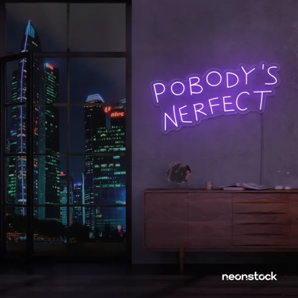 Nobody's Perfect neon sign in purple for humorous decor, vanity setups, and real-life vibes.